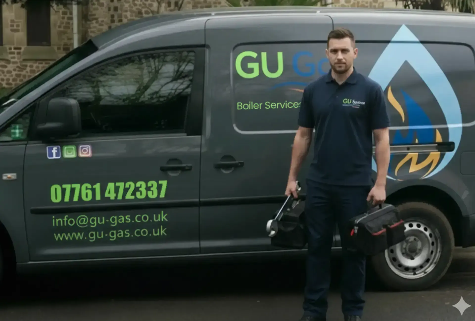 GU Services engineer with tool bags beside the GU Gas branded van