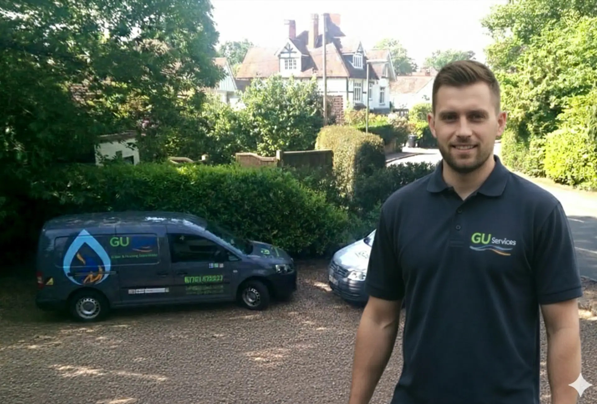 GU Services engineer standing in front of a branded GU Gas van outside a Surrey home